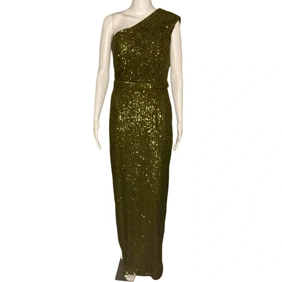 NWT Ieena for Mac Duggal 26694 Olive Sequined Ruched One Shoulder Gown - Sz 8 - Picture 5 of 12